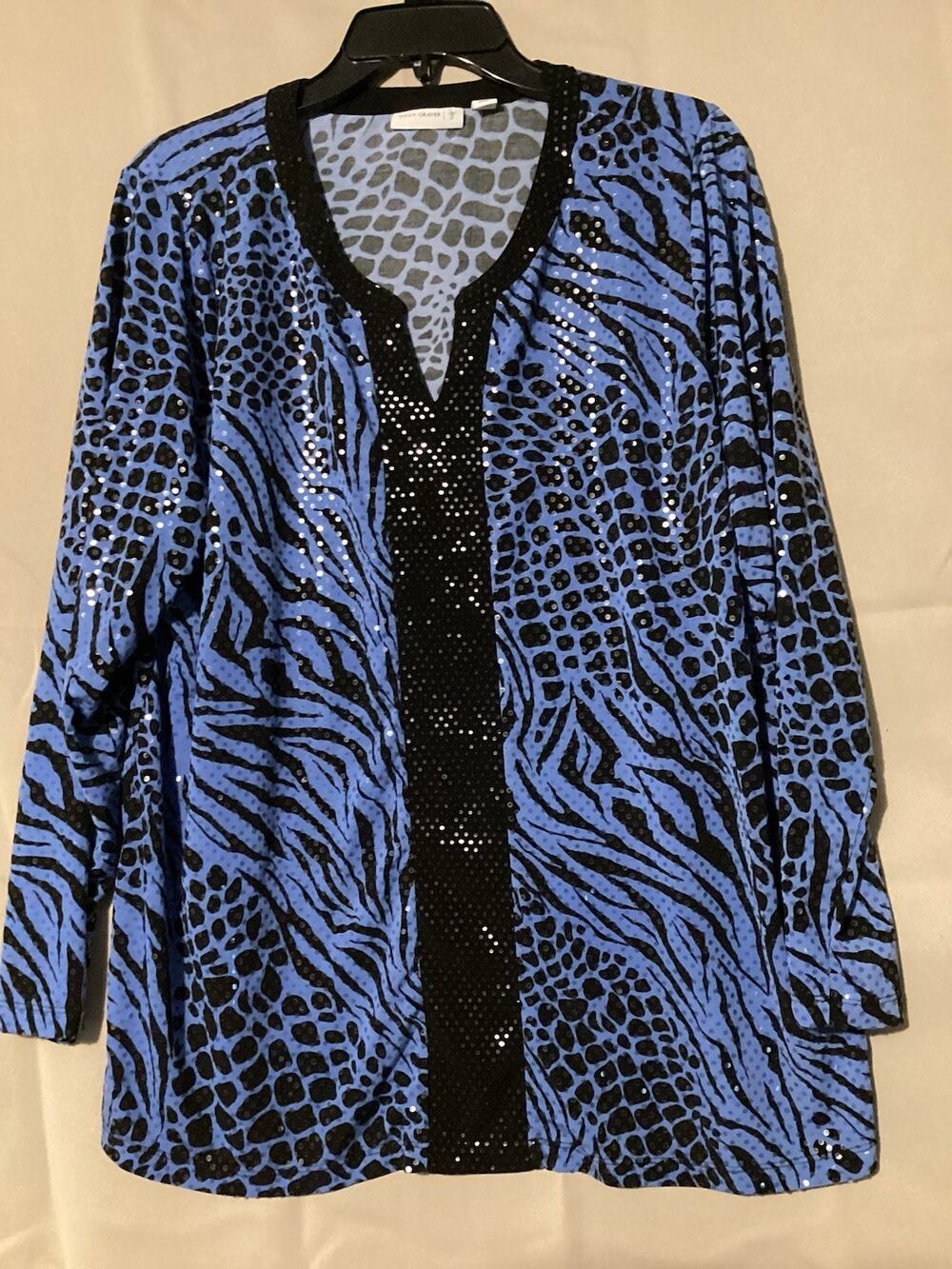 Susan Graver Blouse Blue & Black Multicolor With Sparkly Accents SZ XL